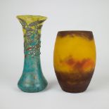 Glassware Art Nouveau vase in glaspaste with tin decoration and vase in glass paste