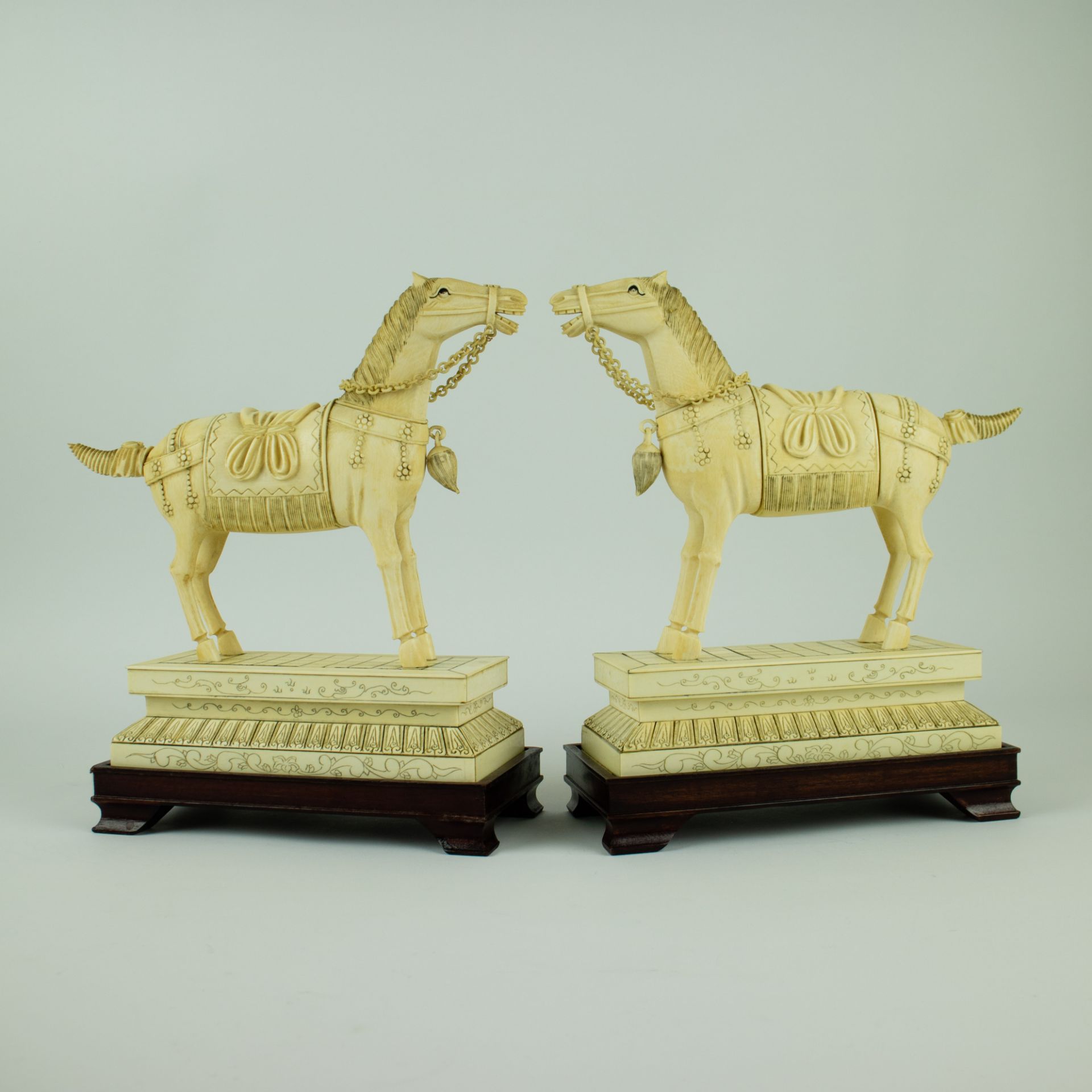 2 Chinese horses very finely carved in ivory