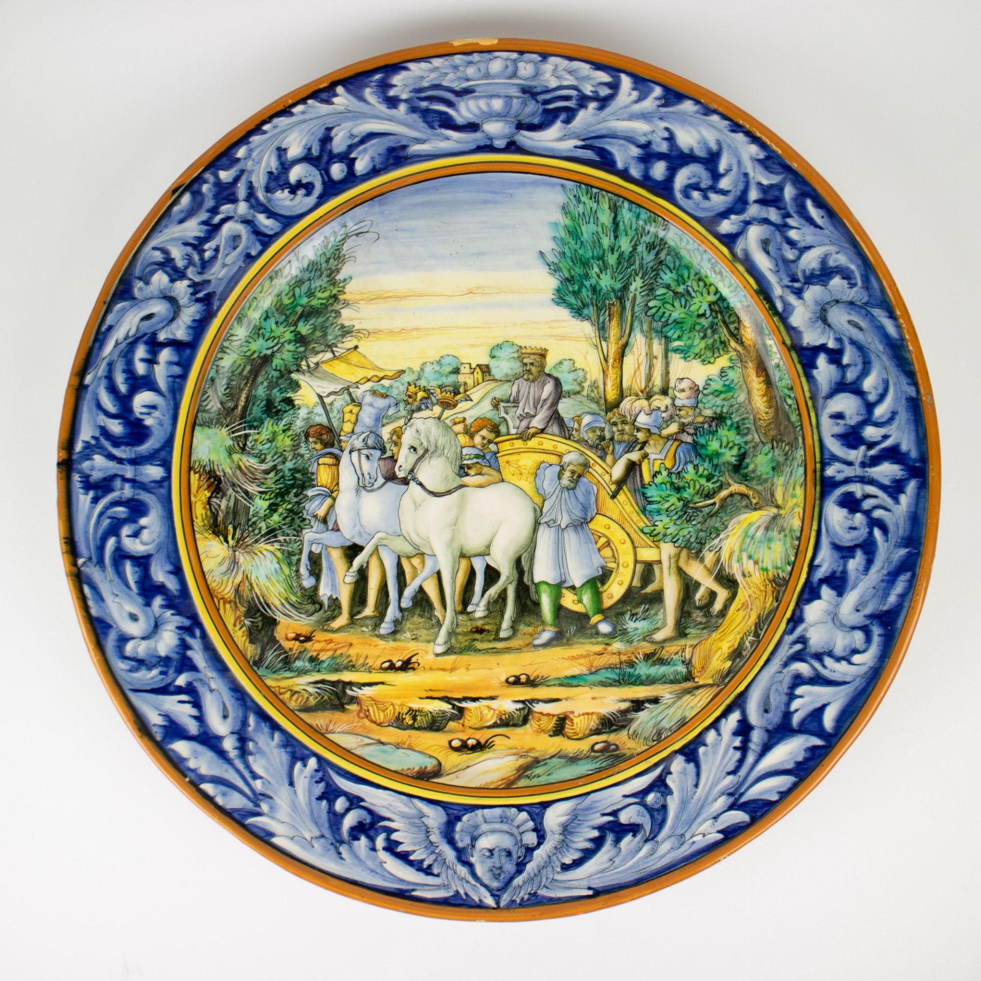 A large polychrome Majolica plate, Deruta