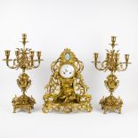 Fire gilded mantle garniture with Limoges plaque and candlesticks