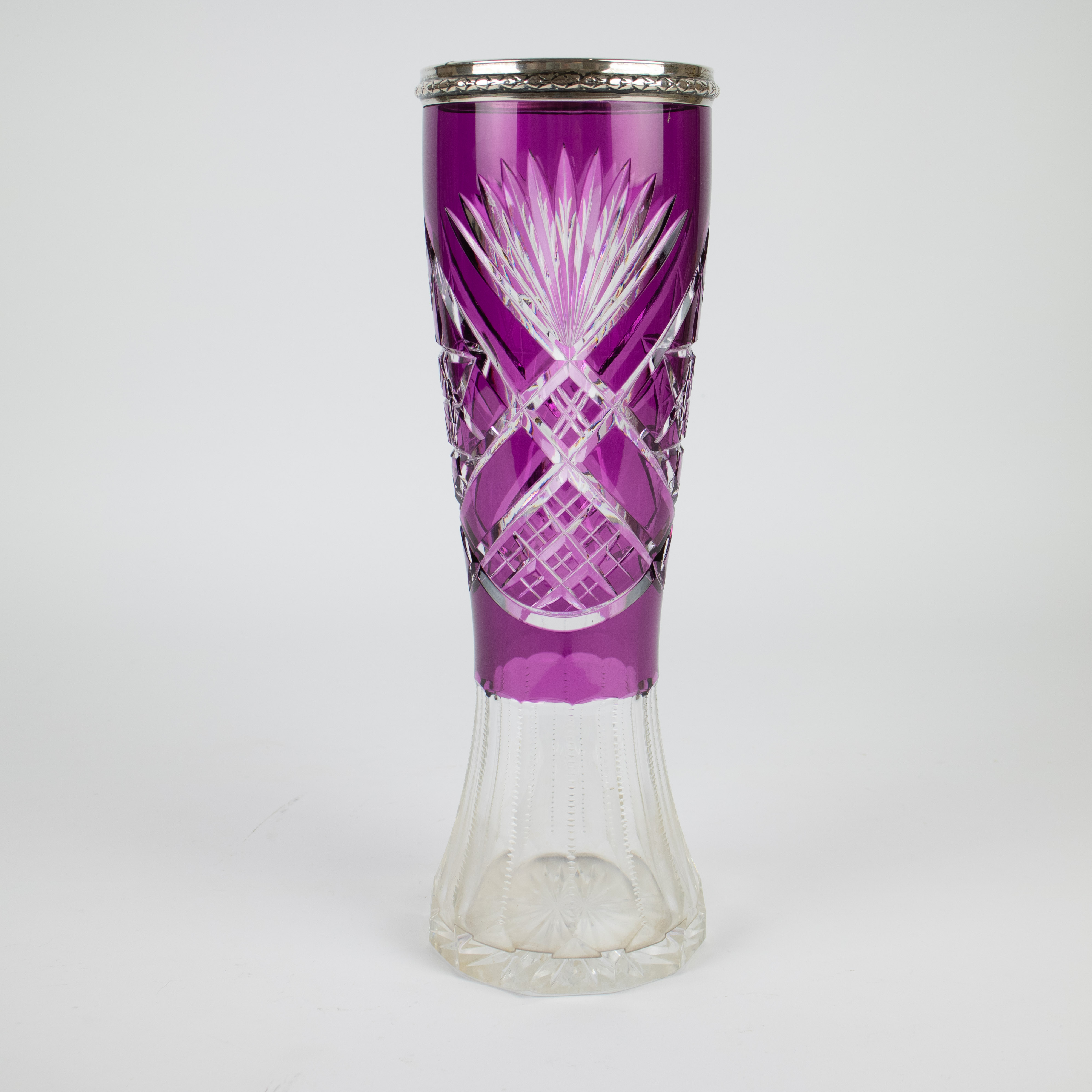 Val Saint Lambert crystal purple vase with silver rim Wolfers marked