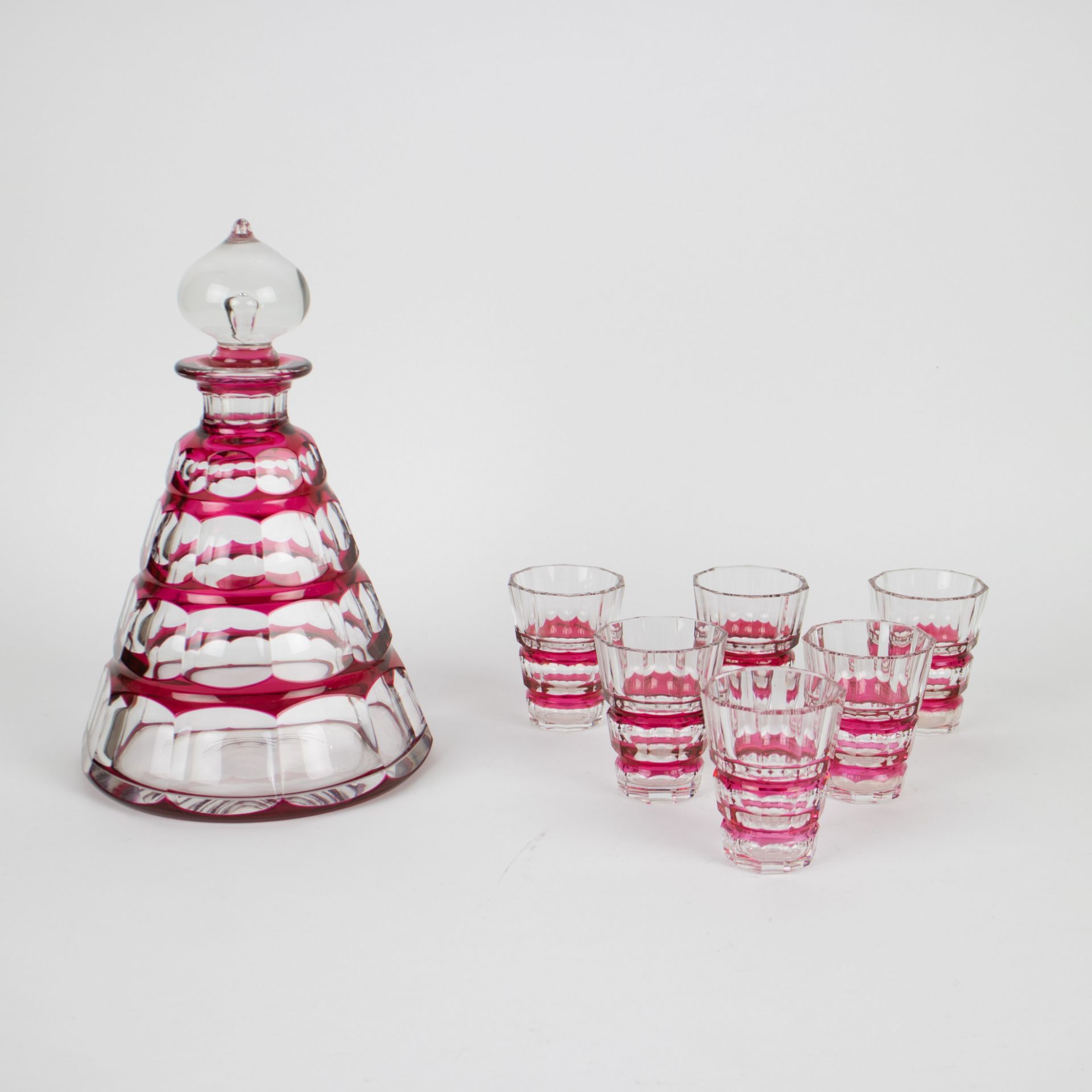 Val Saint Lambert crystal carafe red cut and 6 glasses