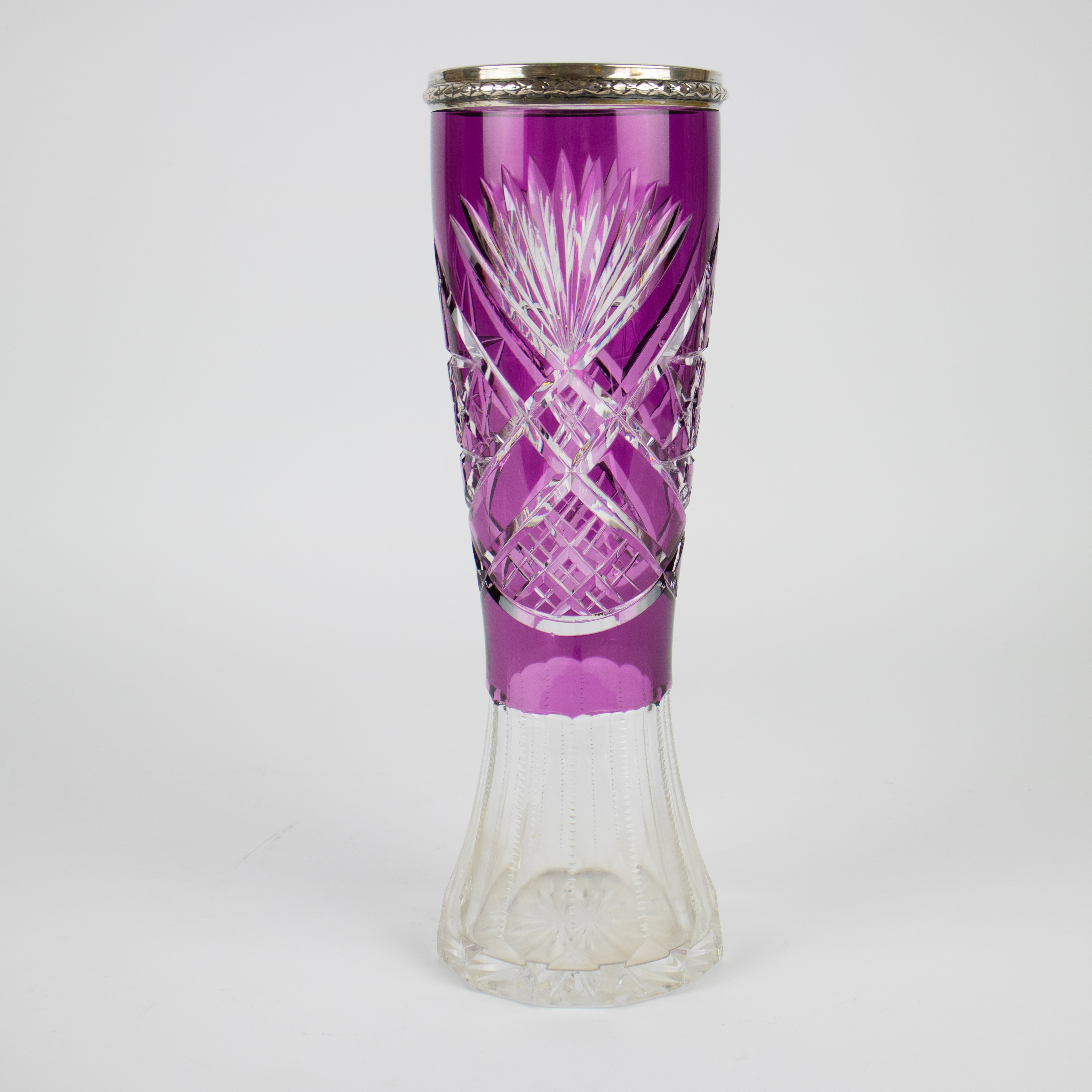 Val Saint Lambert crystal purple vase with silver rim Wolfers marked - Image 3 of 5