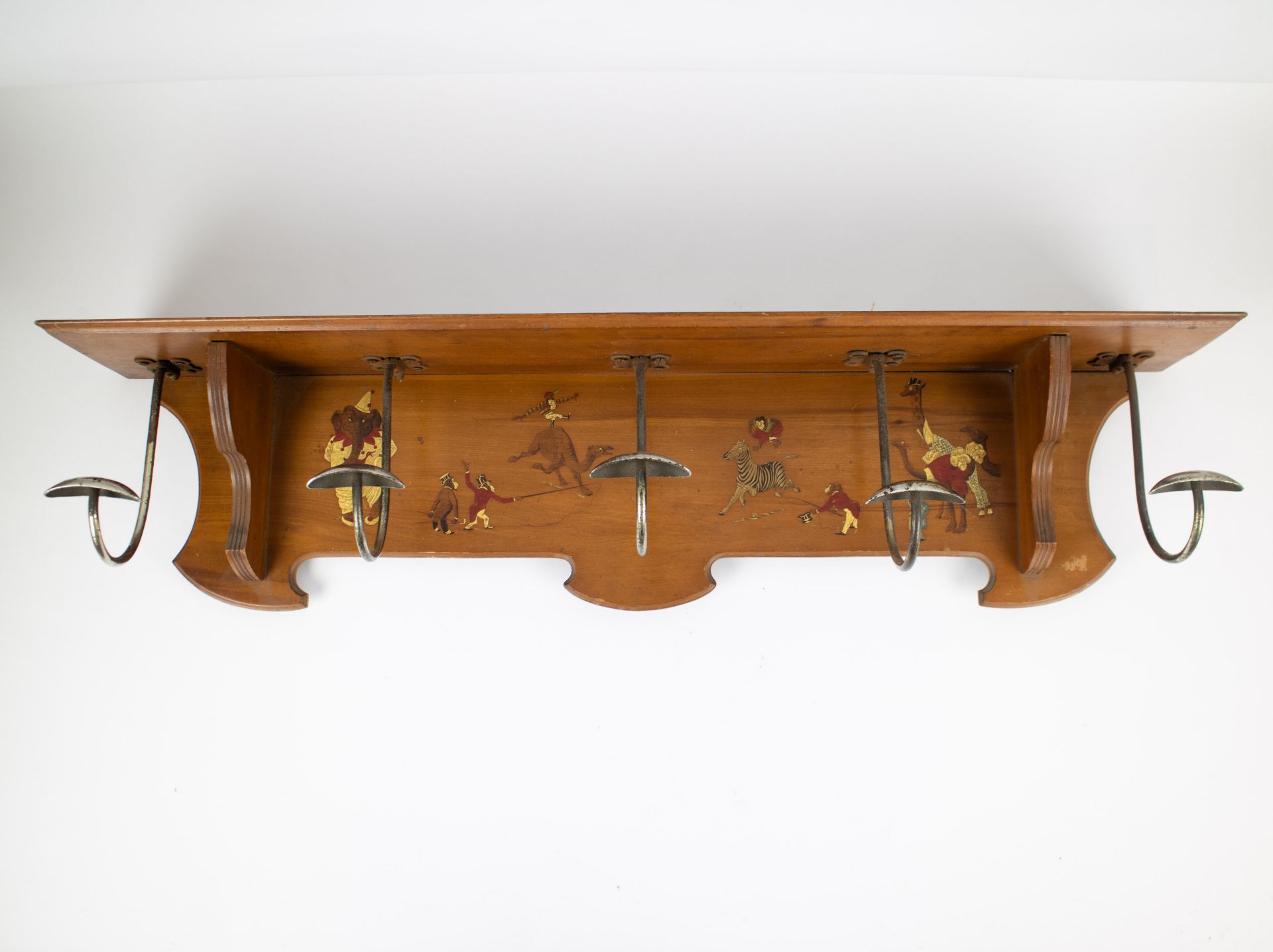 English coat rack ca 1900 hand-painted with circus animals