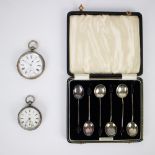 6 Serling silver spoons and 2 silver pocket watches