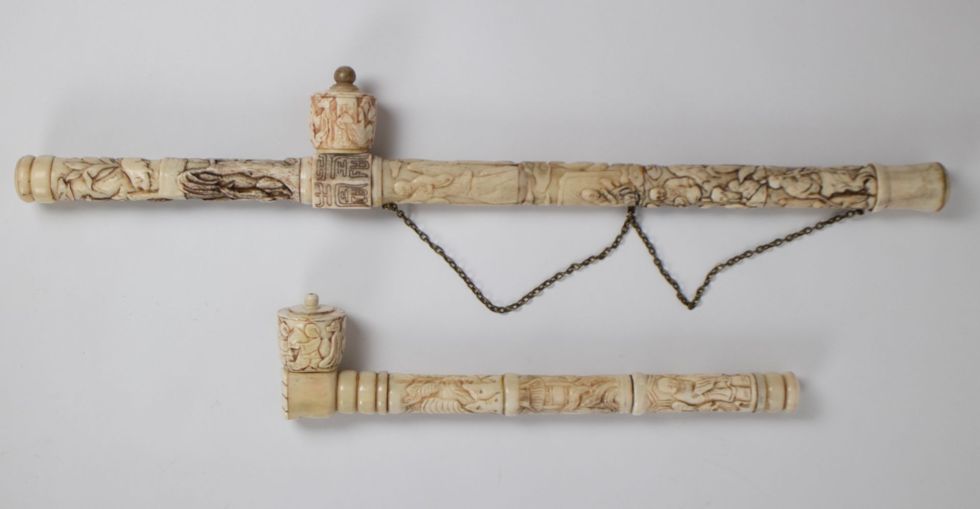 Two Chinese opium pipes carved bone - Image 2 of 2