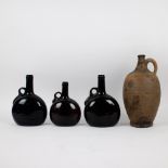 3 Dutch glass gin jars, early 19th century, amber colour + an old French water jug