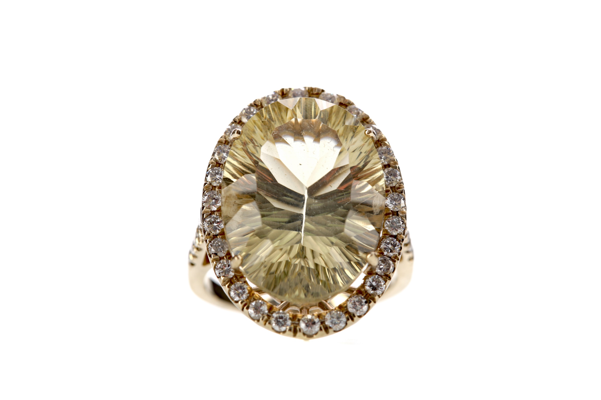 A LEMON QUARTZ AND DIAMOND RING