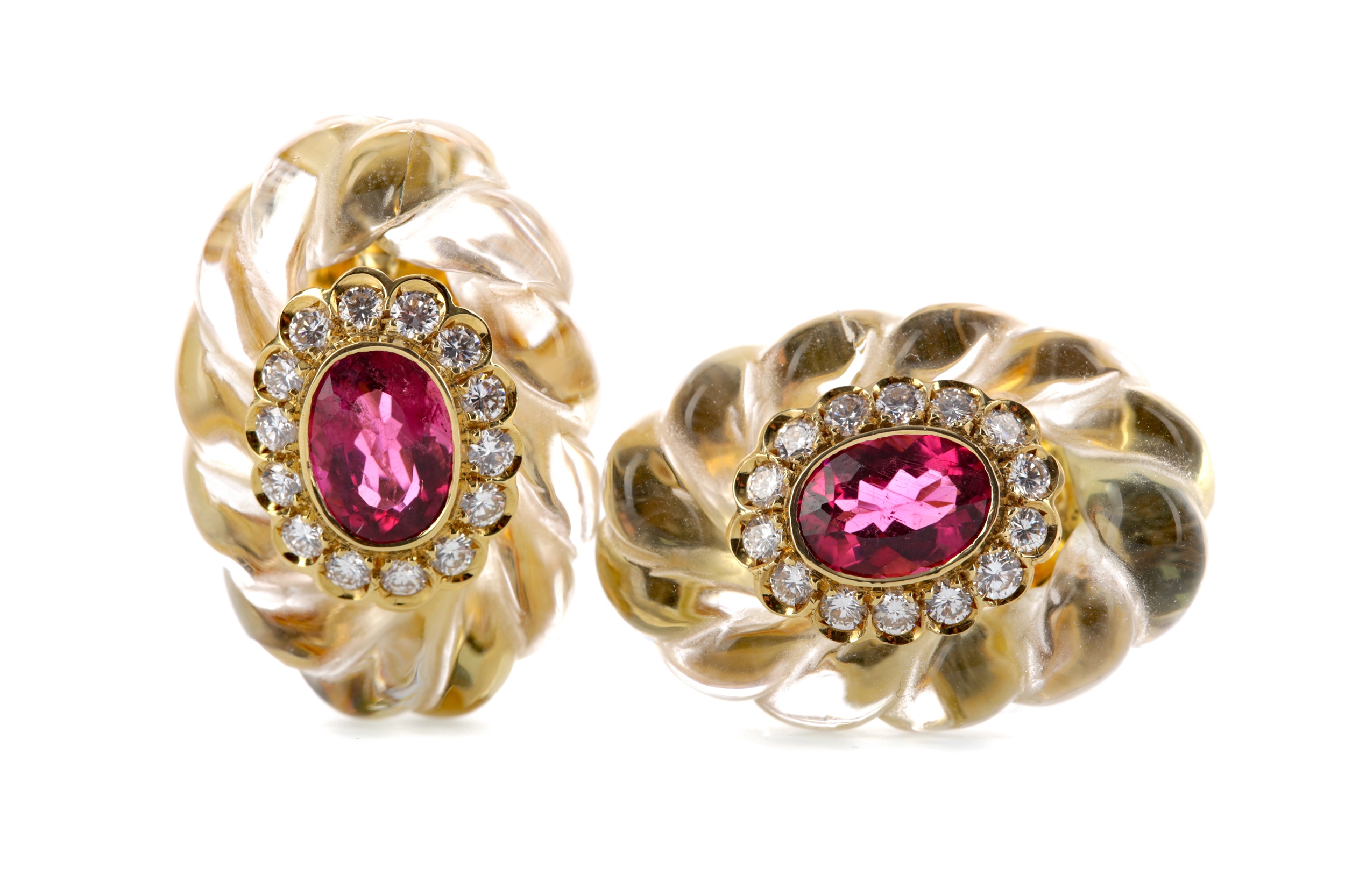 A PAIR OF ROCK CRYSTAL, RUBELLITE AND DIAMOND EARRINGS