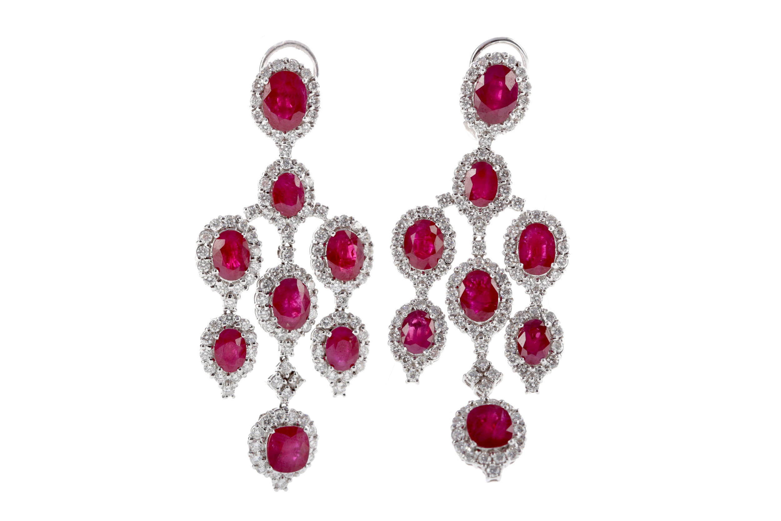 A PAIR OF RUBY AND DIAMOND CHANDELIER EARRINGS