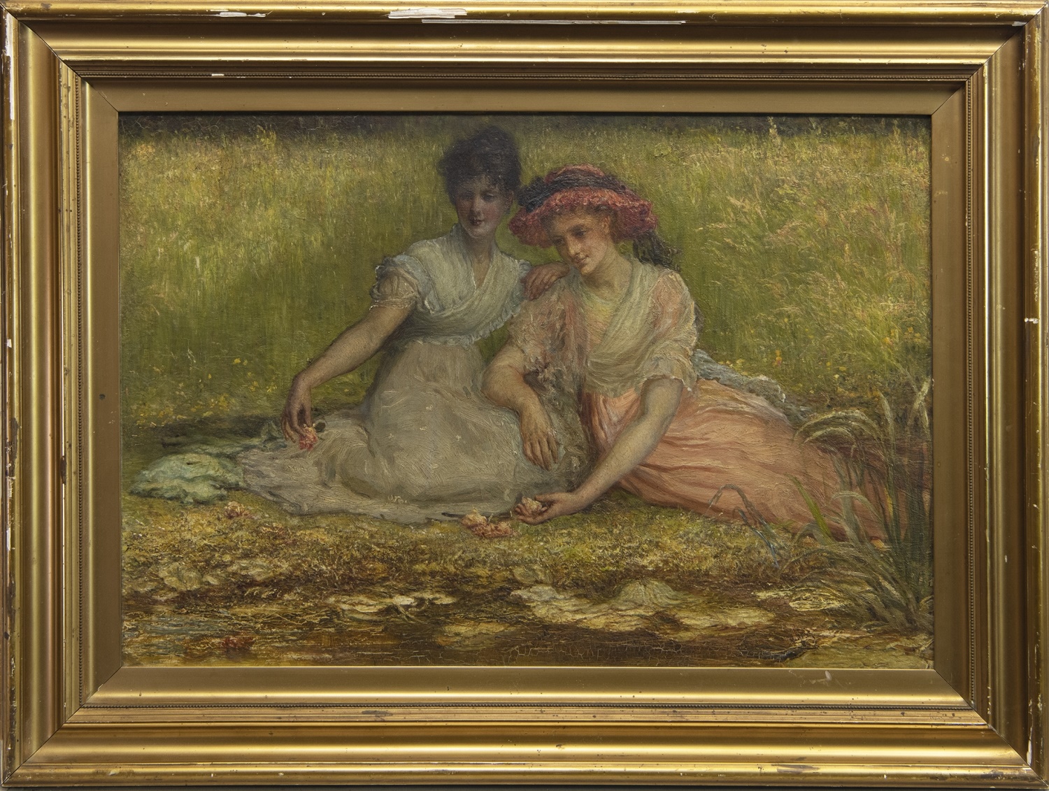 TWO GIRLS BY THE RIVER, AN OIL BY FRANCIS WALKER