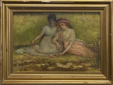 TWO GIRLS BY THE RIVER, AN OIL BY FRANCIS WALKER