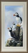 THREE PUFFINS, A WATERCOLOUR BY HEATHER M INSH