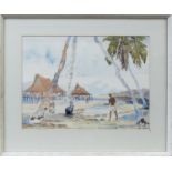 VILLAGE SCENE ON THE NEW GUINEA ISLAND OF NOEMFOOR, A WATERCOLOUR BY DIANA ESMOND