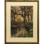 STREAM THROUGH WOODLANDS, A WATERCOLOUR BY L J WILKIE