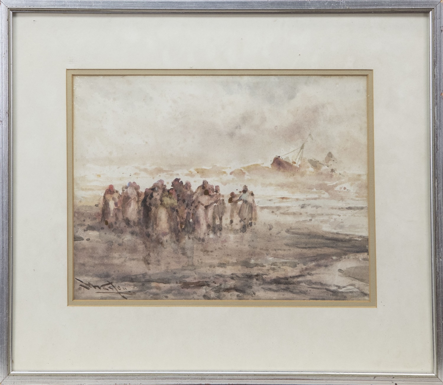 FIGURES ON THE SHORE, A WATERCOLOUR BY FRANK WASLEY