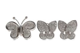 A DIAMOND BUTTERFLY PENDANT, RING AND EARRING SET