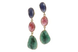 A PAIR OF SAPPHIRE, RUBY AND EMERALD EARRINGS