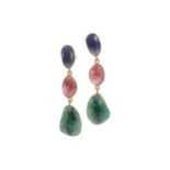 A PAIR OF SAPPHIRE, RUBY AND EMERALD EARRINGS