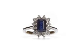 A SAPPHIRE AND DIAMOND CLUSTER RING