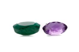 A CERTIFICATED UNMOUNTED AMETHYST AND EMERALD