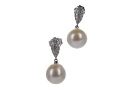 A PAIR OF PEARL AND DIAMOND EARRINGS