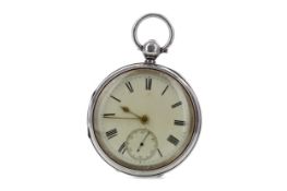 A SILVER CASED OPEN FACE POCKET WATCH WITH GOLD PLATED ALBERT CHAIN