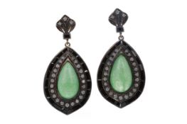 A PAIR OF JADE, ONYX AND DIAMOND EARRINGS