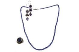 A SAPPHIRE NECKLACE AND RING ALONG WITH A PAIR OF IOLITE EARRINGS