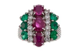 A CERTIFICATED RUBY, DIAMOND AND EMERALD RING