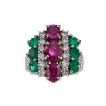 A CERTIFICATED RUBY, DIAMOND AND EMERALD RING