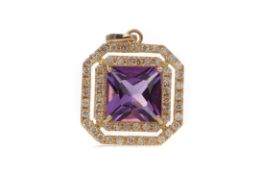 AN AMETHYST AND DIAMOND PENDANT