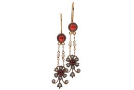 A PAIR OF GARNET, PEARL AND DIAMOND EARRINGS