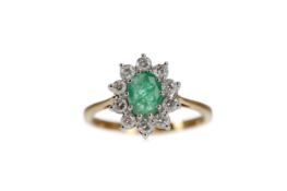 A CERTIFICATED EMERALD AND DIAMOND CLUSTER RING