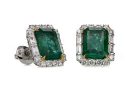 A PAIR OF EMERALD AND DIAMOND EARRINGS