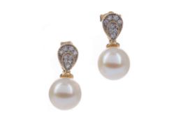 A PAIR OF PEARL AND DIAMOND EARRINGS