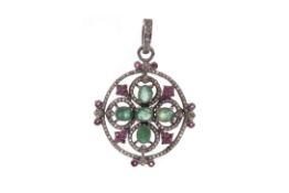 AN EMERALD, RUBY AND DIAMOND PENDANT