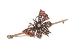 A RUBY, SAPPHIRE, DIAMOND AND PEARL BUTTERFLY BROOCH