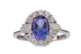 A TANZANITE AND DIAMOND RING