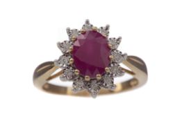 A RUBY AND DIAMOND CLUSTER RING