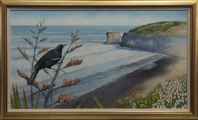 STUDY OF A BIRD ON A BRANCH, COASTAL VIEW BEYOND, AN OIL BY JOHN CLIFFORD