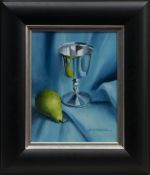 SILVER GOBLET AND PEAR, AN OIL BY ALASTAIR THOMSON