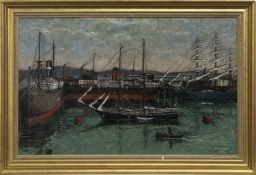 SHIPS IN GLASGOW HARBOUR, AN OIL BY A FREW