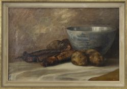 STILL LIFE WITH FISH AND POTATOES, AN OIL BY E B STIRRAT