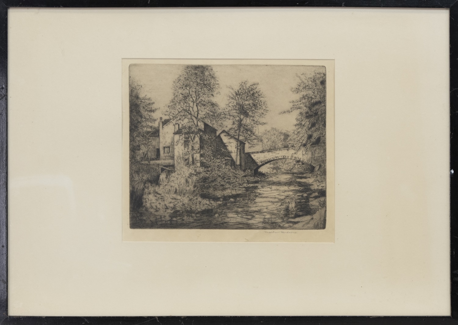 MILL BY RIVER, AN ETCHING BY MATTHEW HENDERSON