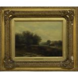 RIVER LANDSCAPE WITH HAY CART AND FIGURES TO THE RIGHT, AN OIL BY STEPHEN BROWNLOW