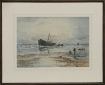 BEACHED TRAWLER AND BAIT DIGGERS, A WATERCOLOUR BY G F HEYS