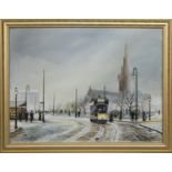 TRAM IN FRONT OF GLASGOW CATHEDRAL, AN OIL BY J DYKES