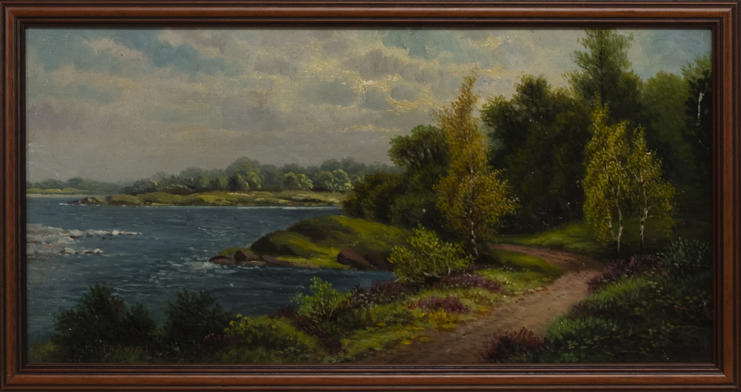 COASTAL SCENE, AN OIL BY T A RUSSELL