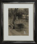 TWO FIGURES ON A BRIDGE, A WATERCOLOUR BY ROBERT JOBLING